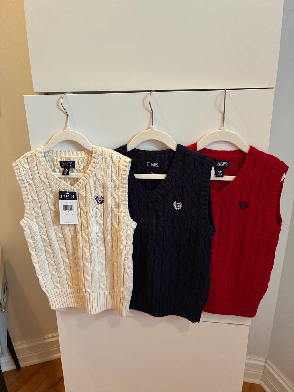 Set of 3 -Chaps Cable-Knit V-Neck Sweater Vests -Red, Navy, Cream - Kids Size 6